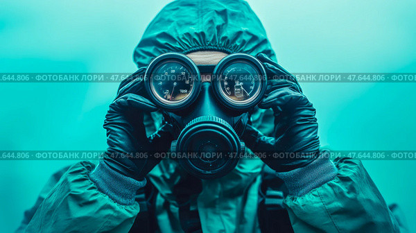 Environmental Hazard: A person in a protective suit wearing a gasmask against a teal misty environment. Стоковое AI-изображение, AI-художник Данила Большаков / Фотобанк Лори