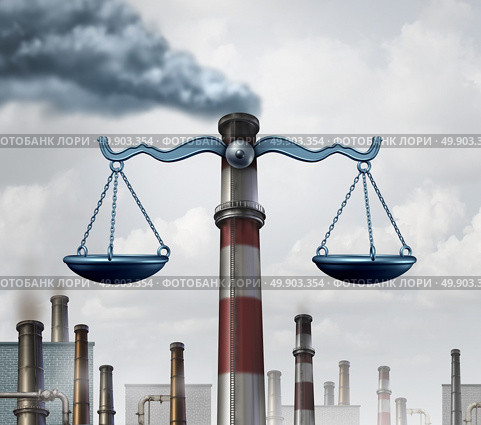 Environmental law symbol as an industrial smoke stack shaped as a justice scale as a metaphor for pollution regulations and clean air legislation with 3D illustration elements. Стоковое фото, агентство Ingram Publishing / Фотобанк Лори
