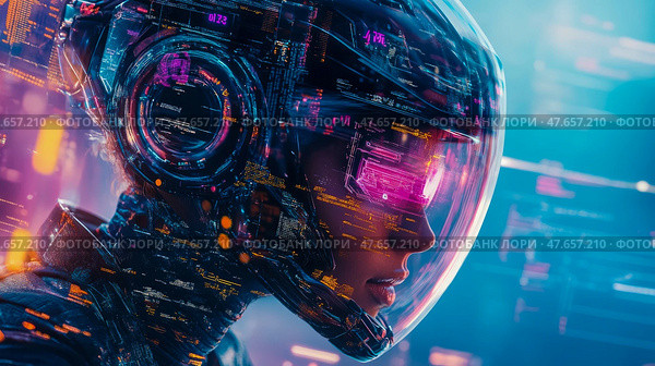 Envisioning the Future: A Woman in a Cyberpunk Astronaut Helmet with Embedded Digital Displays. Стоковое AI-изображение, AI-художник Данила Большаков / Фотобанк Лори