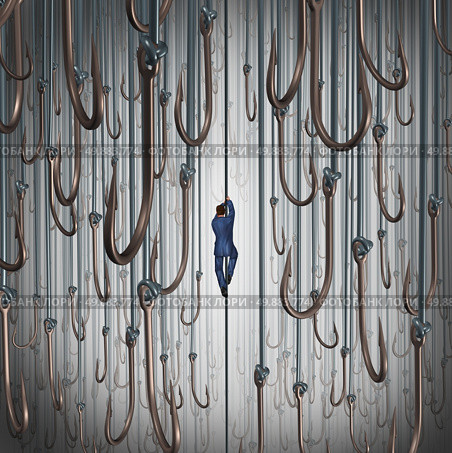 Escape the lure and avoiding risk and the dangers of being hooked business concept as a businessman climbing a fishing line escaping dangerous fish hooks as a metaphor for   freedom from addiction. Стоковое фото, агентство Ingram Publishing / Фотобанк Лори