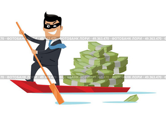 Escape With Money Concept Flat Design Vector. Escape with money concept vector. Flat design. Success. Financial crime, tax evasion, money laundering, political corruption illustration. Smiling man in mask robber sailing away on boat with money. Стоковая иллюстрация, агентство Ingram Publishing / Фотобанк Лори