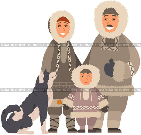 Eskimo family mother, father and son standing with fluffy sledge dog. Smiling characters with pet. Full length portrait of happy arctic people wearing traditional warm clothes for cold climate. Eskimo family standing with fluffy sledge dog. Smiling characters with arctic pet, domestic animal. Стоковая иллюстрация, агентство Ingram Publishing / Фотобанк Лори
