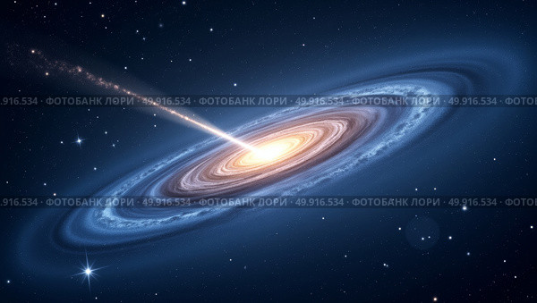 Ethereal digital illustration of the andromeda galaxy with a luminous comet against a starfilled background. Стоковое AI-изображение, AI-художник Андрей Бакусов / Фотобанк Лори