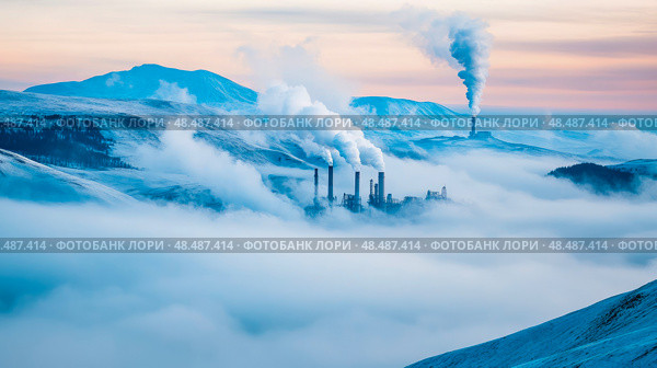 Ethereal winter landscape with industry in mist, pollution and climate change implication. Стоковое AI-изображение, AI-художник Данила Большаков / Фотобанк Лори