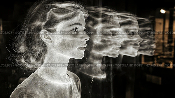 Ethereal Woman: A Monochrome Study of Identity and Multiplicity. Стоковое AI-изображение, AI-художник Данила Большаков / Фотобанк Лори
