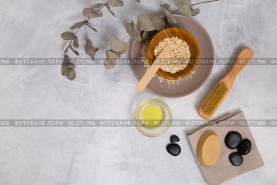 eucalyptus populus leaves oats oil brush la stone soap concrete backdrop. Стоковое фото, агентство Ingram Publishing / Фотобанк Лори