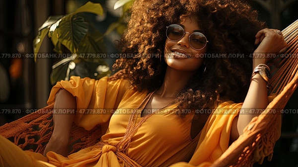 Euphoric Serenity: A Radiant Woman Basks in Blissful Contentment While Smiling From a Hammock. Стоковое AI-изображение, AI-художник Данила Большаков / Фотобанк Лори
