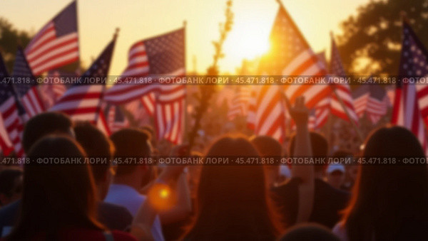 Evening Background of crowd at political rally in the United States carrying US flags. Upcoming election cycle 2024 presidential campaigns, protests against unfair elections, shallow depth of field, Стоковое AI-изображение, AI-художник Sergey Grishin / Фотобанк Лори