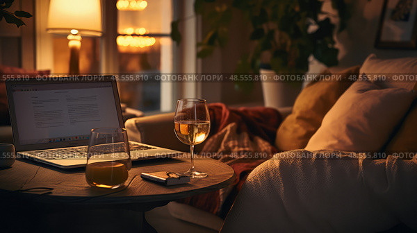 evening wine and laptop ai generated. Стоковое AI-изображение, AI-художник Vectorwin / Фотобанк Лори
