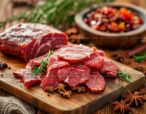 Every year on November 27th, Dried Meat Day is celebrated. The holiday is dedicated to homemade dried meat and simple recipes, the best from generation to generation. Стоковое AI-изображение, AI-художник Сергей Елизарьев / Фотобанк Лори