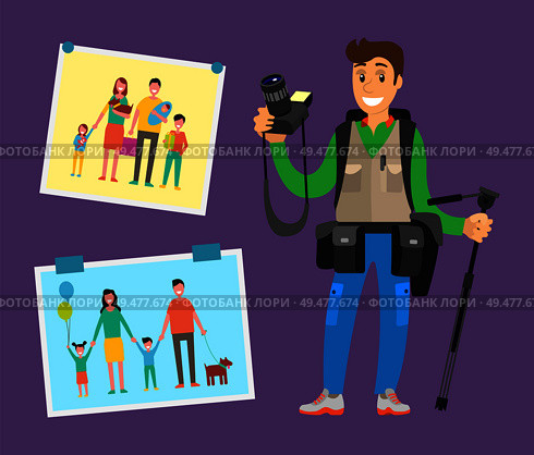 Example of cameraman content, family pictures of parents and children vector. Cute photographer with professional equipment camera gears and tripod. Example Cameraman Content, Family Pictures Parents. Стоковая иллюстрация, агентство Ingram Publishing / Фотобанк Лори