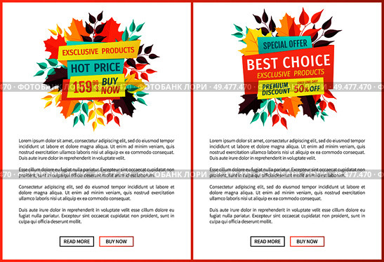 Exclusive product hot price set of posters with text. Premium discount only one day buy now autumn seasonal offer for clients propositions vector. Exclusive Product Hot Price Vector Illustration. Стоковая иллюстрация, агентство Ingram Publishing / Фотобанк Лори