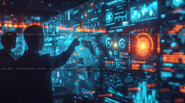 Executives collaborate on a project, utilizing sophisticated algorithms and AI-powered tools to devise. Стоковое AI-изображение, AI-художник Юлия Гапеенко / Фотобанк Лори