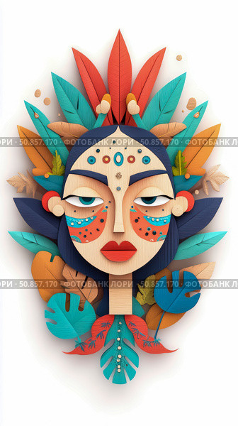 Exotic Floral Goddess: A stylized woodcut face adorned with tropical leaves, crafted with geometric precision, ideal for artistic print & decoration. Стоковое AI-изображение, AI-художник Данила Большаков / Фотобанк Лори