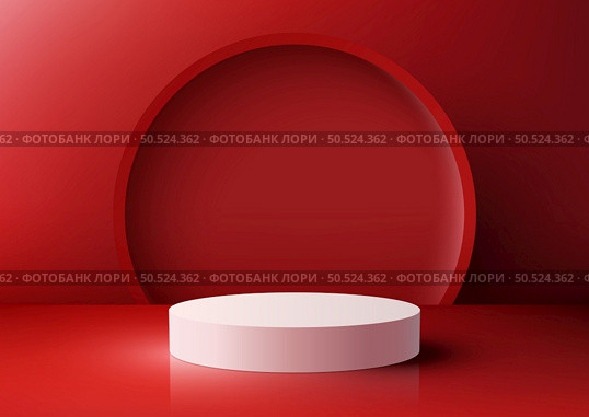 Experience the realistic and vibrant world of modern illustration with our white podium on the floor, red background, and circle backdrop. Passionate artwork perfect for web design, branding, and more. Стоковая иллюстрация, агентство Ingram Publishing / Фотобанк Лори