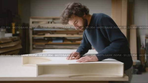 Experienced woodworker meticulously checking handcrafted wooden furniture surface, achieving precision and quality in rustic workshop setting. Стоковое AI-видео, аниматор Юрий Поздников / Фотобанк Лори