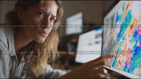 Expert analyzes weather patterns using advanced technology in a modern workspace during evening hours. Стоковое AI-видео, аниматор Сергей Толмачёв / Фотобанк Лори