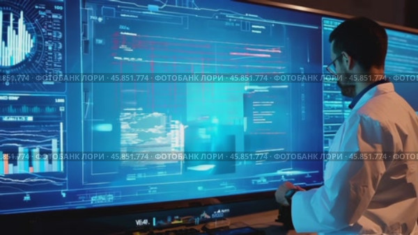 Expert Analyzing Data on Large Screen at a Tech Facility During Night Shift for Critical Decisions. Стоковое AI-видео, аниматор Sergey Grishin / Фотобанк Лори