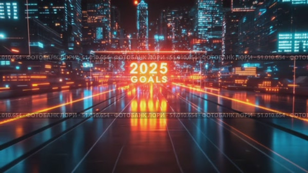 Explore a visually captivating urban landscape showcasing ambitious goals for 2025, illuminated by colorful neon lights and digital projections. Стоковое AI-видео, аниматор Данила Большаков / Фотобанк Лори
