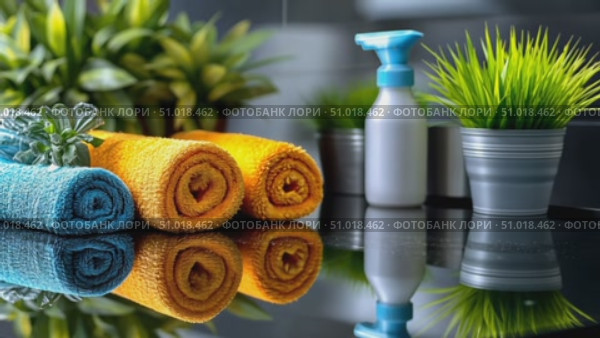 Explore the beautiful arrangement of colorful towels alongside lush greenery, ideal for enhancing your bathroom decor and ambiance. Стоковое AI-видео, аниматор Данила Большаков / Фотобанк Лори