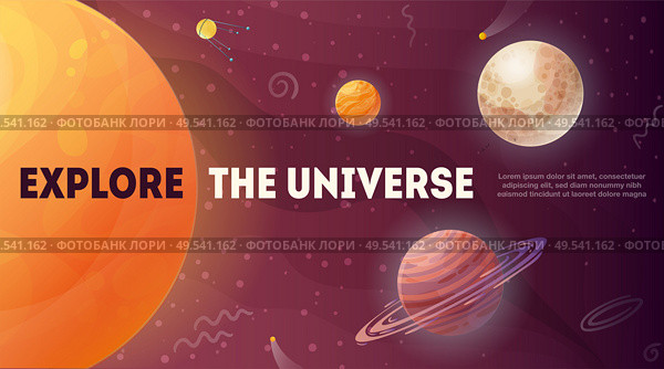 Explore universe glowing sun stars and planets floating in brown backgrond with space elements poster vector illustration. Стоковая иллюстрация, агентство Ingram Publishing / Фотобанк Лори