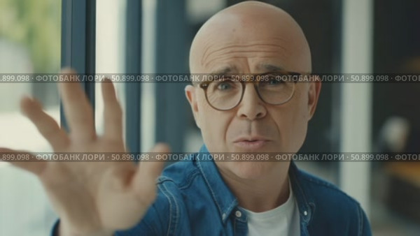Expressive portrait of a bald man in spectacles making a clear hand gesture during an indoor conversation or presentation. Стоковое AI-видео, аниматор Данила Большаков / Фотобанк Лори
