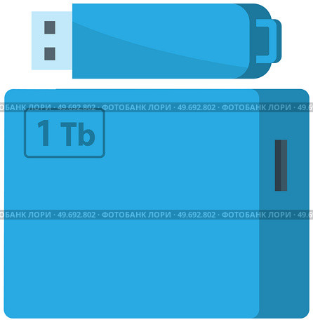 External hard disk drive with USB cable isolated on white. Portable extern HDD. Memory drive vector illustration, flash drive. Modern technologies storing information on mobile electronic devices. External hard disk drive with USB cable isolated. Portable extern HDD. Memory drive, flash drive. Стоковая иллюстрация, агентство Ingram Publishing / Фотобанк Лори
