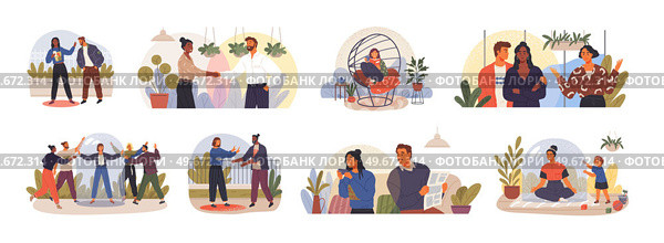 Extravert and introvert people scenes set. Extraversion and introversion, personal space concept. Diverse characters have remote communication. Personal space, social distancing, psychological anxiety. Extravert and introvert people scenes set. Personal space, social distancing, psychological anxiety. Стоковая иллюстрация, агентство Ingram Publishing / Фотобанк Лори