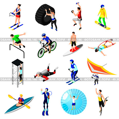 Extreme sports isometric icons set of young people engaging in power show parkour bungee jumping diving kayaking snowboarding parachuting isolated vector illustration . Extreme Sports Isometric Icons. Стоковая иллюстрация, агентство Ingram Publishing / Фотобанк Лори
