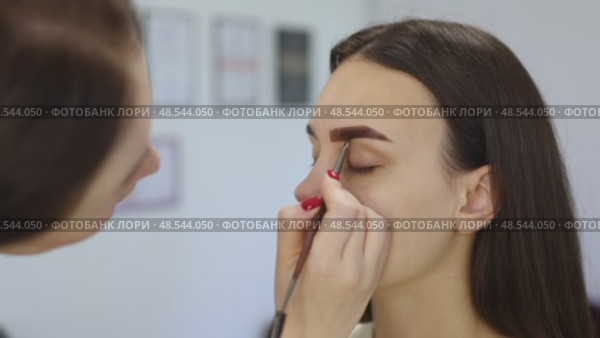 eyebrow coloring in beauty salon woman professional stylist dye brows brown tint. Стоковое видео, видеограф Olesia Kondrateva / Фотобанк Лори