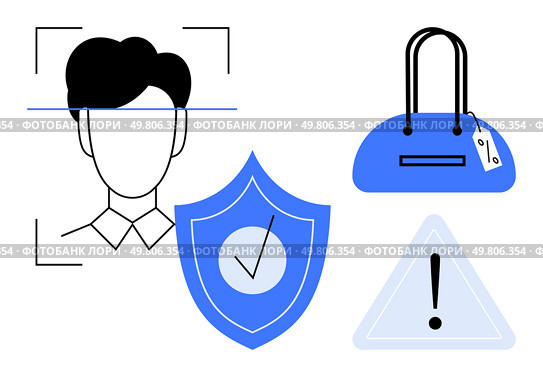 Face detection technology, shield with checkmark, handbag with tag, and caution triangle warning. Ideal for security, facial recognition, privacy protection, retail, identification alert systems. Face detection technology, secure shield with checkmark, handbag with tag, and caution triangle warning. Стоковая иллюстрация, агентство Ingram Publishing / Фотобанк Лори