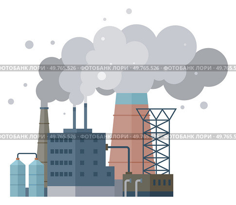 Factories vector illustration. Air pollution, haunting melody progress, reverberates through atmosphere like spectral choir Pollution, disruptor in environmental story, challenges resilience. Factories. Eco-processes, unsung heroes, work tirelessly to mitigate impact industrialization. Стоковая иллюстрация, агентство Ingram Publishing / Фотобанк Лори