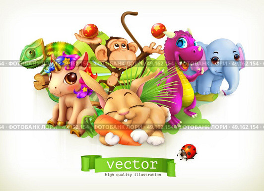 Fairy tale animals. Happy bunny, rabbit, cute unicorn, small dragon, baby elephant, monkey, chameleon. 3d vector. Стоковая иллюстрация, агентство Ingram Publishing / Фотобанк Лори