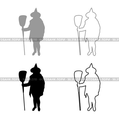 Fairy Wizard Witch holding broom Subject for Halloween concept silhouette grey black color vector illustration solid outline style simple image. Fairy Wizard Witch standing with broom Subject for Halloween concept silhouette grey black color vector illustration solid outline style image. Стоковая иллюстрация, агентство Ingram Publishing / Фотобанк Лори