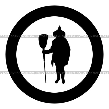 Fairy Wizard Witch holding broom Subject for Halloween concept silhouette in circle round black color vector illustration solid outline style simple image. Fairy Wizard Witch standing with broom Subject for Halloween concept silhouette in circle round black color vector illustration solid outline style image. Стоковая иллюстрация, агентство Ingram Publishing / Фотобанк Лори