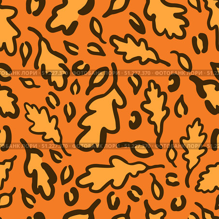 Fall Leopard or jaguar seamless pattern made of oak leaves. Trendy animal print with autumn colors. Vector background for fabric, wrapping paper, textile, wallpaper, etc. Стоковая иллюстрация, иллюстратор Вера Федорова / Фотобанк Лори