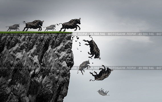Falling bull market financial business profit decline as a symbol of losing positive gains in a free fall as a bullish icon falling off a cliff with 3D illustration elements. Стоковое фото, агентство Ingram Publishing / Фотобанк Лори