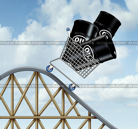 Falling oil prices and plunging fuel costs as a group of oil barrels or steel drum containers in a shopping cart going down on a roller coaster as a business concept of low energy pricing and the unstable nature of commodities. Стоковое фото, агентство Ingram Publishing / Фотобанк Лори