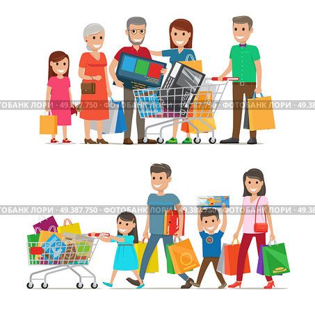Families shopping concept vector illustration on white. Members of two families doing shopping and holding big packages with bought goods. Relatives spending time together and buying things.. Families Shopping Concept Vector Illustration. Стоковая иллюстрация, агентство Ingram Publishing / Фотобанк Лори