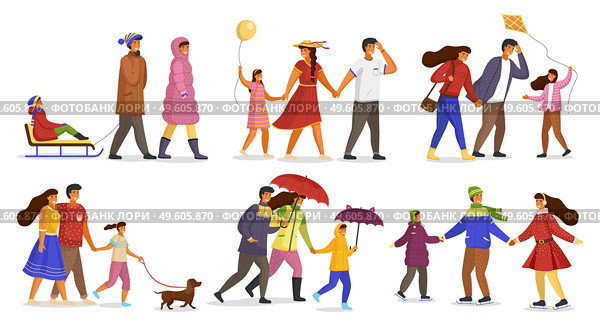 Family collection, parents ride child on sledge, happy father, mother and daughter with balloon, girl with kite, parents and child walking with dog, adults and kid with umbrellas, family skating. Family collection, ride on sledge, child with balloon, kite, walk with dog, with umbrellas, skating. Стоковая иллюстрация, агентство Ingram Publishing / Фотобанк Лори