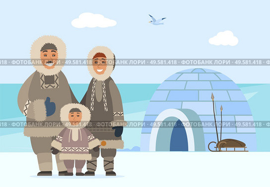 Family consisting of man and woman with child. Arctic people outdoors standing by igloo made of ice cubes. Cold climate of eskimos. Characters wearing winter warm clothes. Vector in flat style. Arctic Family People by Igloo, Man Woman and Kid. Стоковая иллюстрация, агентство Ingram Publishing / Фотобанк Лори