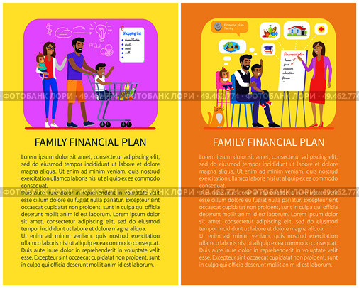 Family financial issues planning posters set, people shopping making list of priorities for future, modern economical lifestyle vector illustration. Family Financial Issues Set Vector Illustration. Стоковая иллюстрация, агентство Ingram Publishing / Фотобанк Лори