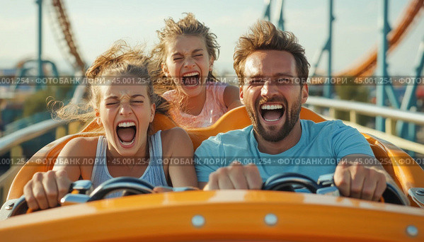 Family having fun riding rollercoaster in amusement park. Стоковое AI-изображение, AI-художник Юрий Поздников / Фотобанк Лори