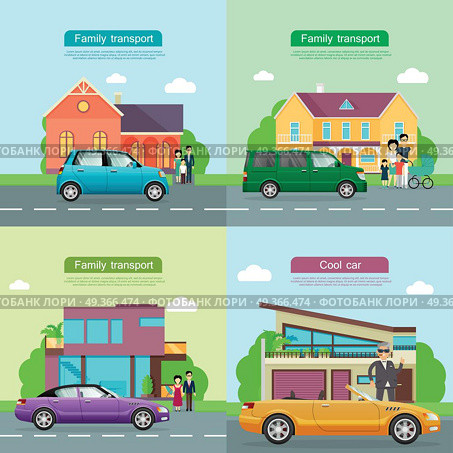 Family Transport. Collection of Automobile Icons. Family transport. Collection of four automobile icons. Small blue automobile, green minivan and violet car with shifted roof on road near houses and families. Cool yellow cabriolet near man. Vector. Стоковая иллюстрация, агентство Ingram Publishing / Фотобанк Лори