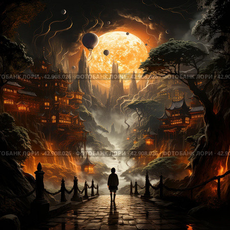 Fantastic landscape in oriental style. A man stands in the center of the frame, looking out at the grand view: a rising sun surrounded by planets and clouds against a backlit sky. Sunlit traditional oriental pagodas look mystical and sublime against the backdrop of high mountain peaks. Стоковое AI-изображение, AI-художник Анна Кривицкая / Фотобанк Лори