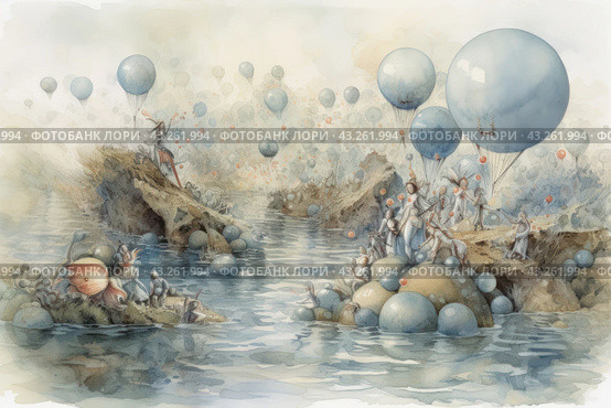Fantastic scene made in watercolor technique. In the foreground you can see small islands floating on calm water, around which numerous blue balloons scattered. The islets are home to various mythical creatures, some of them busy with their own business, while others enjoy the surrounding nature. In the distance, more balls are visible rising into the sky. The entire stage is immersed in soft pastel colors, creating an atmosphere of fairy tales and dreams. Стоковое AI-изображение, AI-художник Анна Кривицкая / Фотобанк Лори