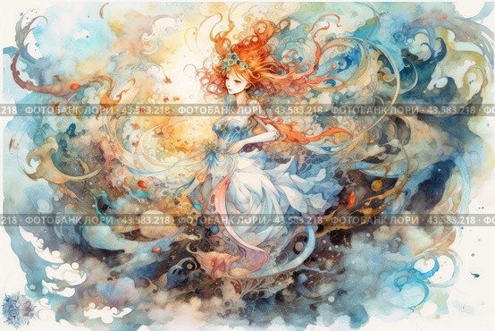 Fantastic scene with a girl in the center of the composition. The girl is dressed in a light dress, her long hair flutters around, creating the impression of movement and lightness. There are many abstract elements floating around her, reminiscent of clouds, waves and flowers. The color scheme of the image consists of pastel colors, mainly blue, gold and orange. The whole composition creates a feeling of magic and enchantment. Стоковое AI-изображение, AI-художник Анна Кривицкая / Фотобанк Лори