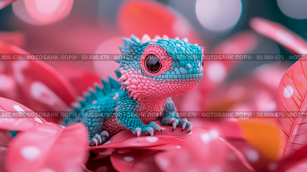 Fantasy Pet: A teal & pink Spiky Lizard Resting on Pink Petals, Dreamlike Creature for Children's Books. Стоковое AI-изображение, AI-художник Данила Большаков / Фотобанк Лори