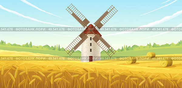 Farm summer landscape mill composition with historic building of flouring mill beyond the wheat field scenery vector illustration. Стоковая иллюстрация, агентство Ingram Publishing / Фотобанк Лори