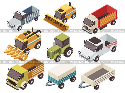 Farm Vehicles Isometric Set. Farm vehicles isometric set with various type of trucks harvesters tractor and trailers isolated vector illustration . Стоковая иллюстрация, агентство Ingram Publishing / Фотобанк Лори